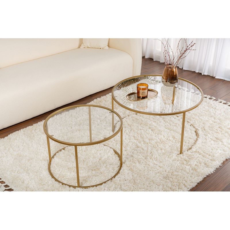 Casa si Gradina - Mobilier - Mese si birouri - Masute de cafea - Set masute de cafea, Hanah Home, sticla securizata, metal, auriu, transparent, 80x80x43 cm si 60x60x39 cm - Infinity.ro