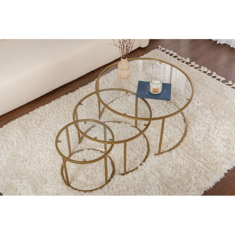 Casa si Gradina - Mobilier - Mese si birouri - Masute de cafea - Set masute de cafea, Hanah Home, sticla securizata, metal, auriu, transparent, 80x80x43 cm, 60x60x39 cm, 42x42x35 cm - Infinity.ro