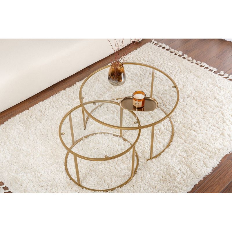 Casa si Gradina - Mobilier - Mese si birouri - Masute de cafea - Set masute de cafea, Hanah Home, sticla securizata, metal, auriu, transparent, 80x80x43 cm si 60x60x39 cm - Infinity.ro