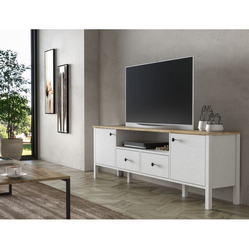 Casa si Gradina - Mobilier - Comode si corpuri - Comode - Comoda tv, Hanah Home, pal melaminat, lemn si alb, 180x35x58 cm - Infinity.ro