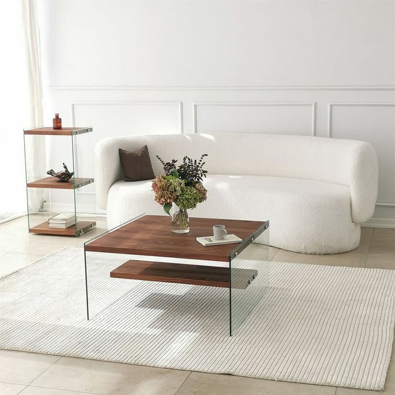 Casa si Gradina - Mobilier - Mese si birouri - Masute de cafea - Masuta de cafea, Hanah Home, sticla securizata si lemn masiv, natur, 75x75x40 cm - Infinity.ro