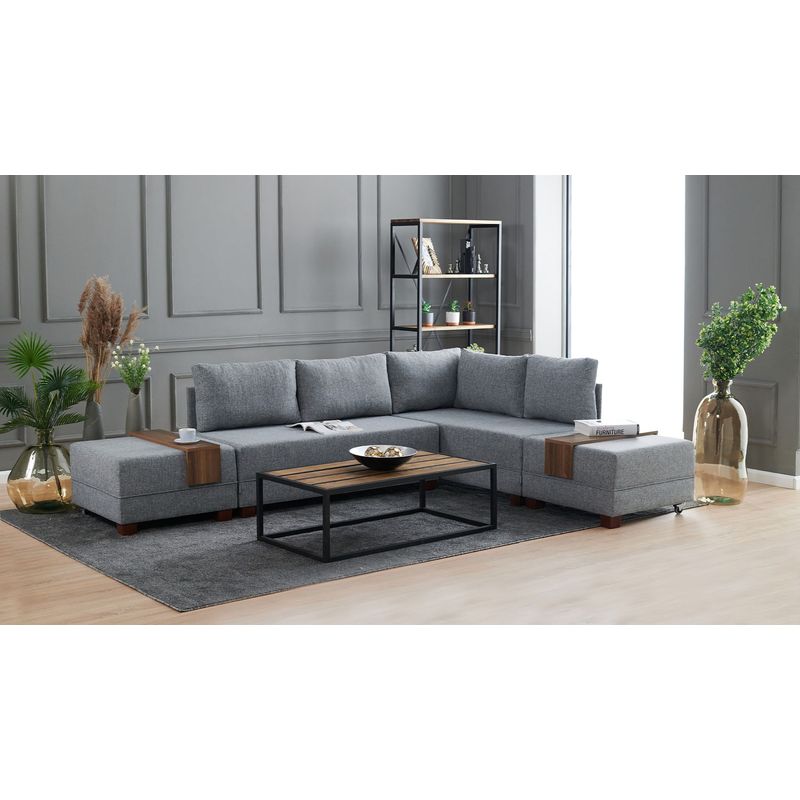 Casa si Gradina - Mobilier - Canapele si coltare - Coltare - Coltar extensibil, Hanah Home, lemn si panouri din fibre, gri, 210x280x70 cm - Infinity.ro