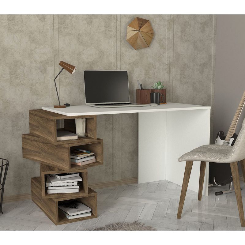 Casa si Gradina - Mobilier - Mese si birouri - Birouri - Birou de studiu, Hanah Home, pal melaminat, alb si nuc, 130x60x75 cm - Infinity.ro