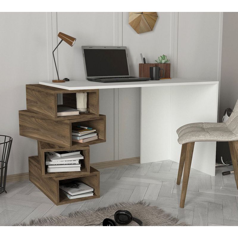Casa si Gradina - Mobilier - Mese si birouri - Birouri - Birou de studiu, Hanah Home, pal melaminat, alb si nuc, 130x60x75 cm - Infinity.ro