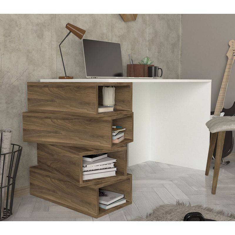 Casa si Gradina - Mobilier - Mese si birouri - Birouri - Birou de studiu, Hanah Home, pal melaminat, alb si nuc, 130x60x75 cm - Infinity.ro
