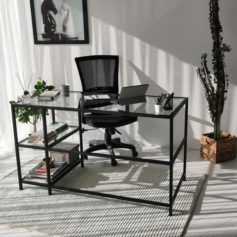 Casa si Gradina - Mobilier - Mese si birouri - Birouri - Birou, Hanah Home, sticla calita, negru, 130x60x75 cm - Infinity.ro