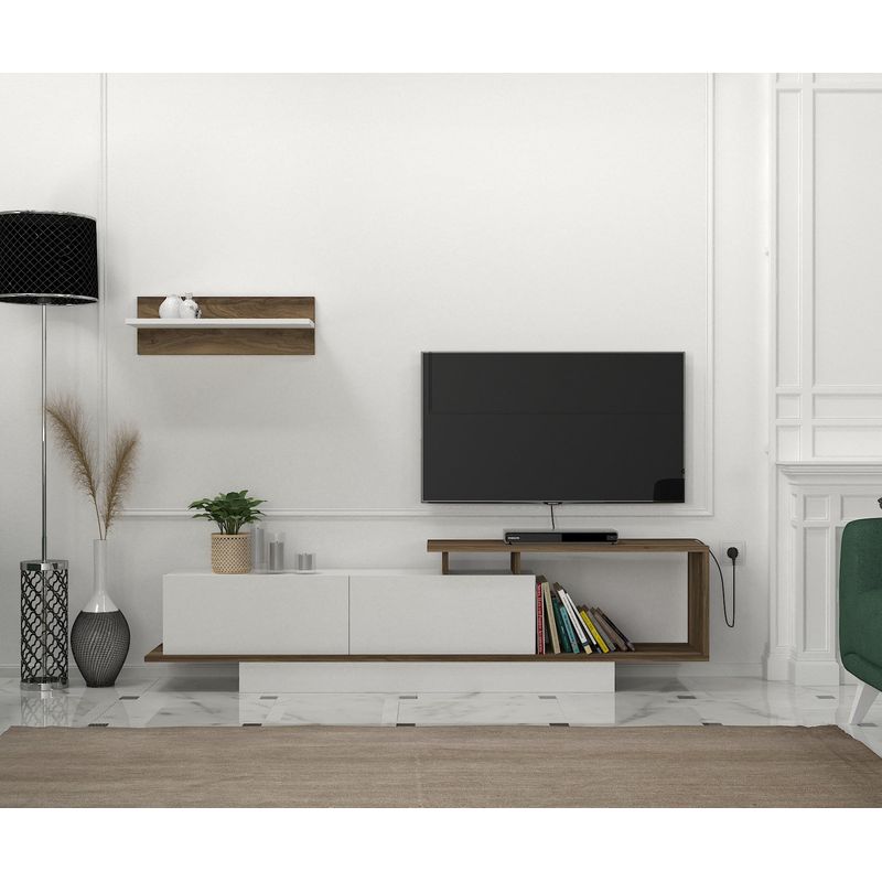 Casa si Gradina - Mobilier - Comode si corpuri - Comode - Comoda tv, Hanah Home, pal melaminat, alb si nuc, 180x45x29.6 cm - Infinity.ro