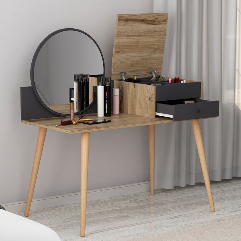 Casa si Gradina - Mobilier - Comode si corpuri - Masute de toaleta - Masa de machiaj, Hanah Home, pal melaminat, antracit si nuc, 120x60x96 cm - Infinity.ro