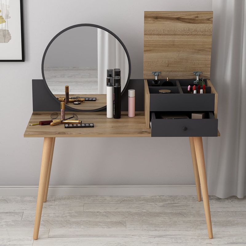 Casa si Gradina - Mobilier - Comode si corpuri - Masute de toaleta - Masa de machiaj, Hanah Home, pal melaminat, antracit si nuc, 120x60x96 cm - Infinity.ro