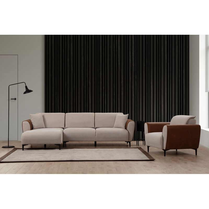 Casa si Gradina - Mobilier - Canapele si coltare - Coltare - Coltar extensibil, Hanah Home, lemn fag si pal, bej si scortisoara, 150x260x85 cm - Infinity.ro
