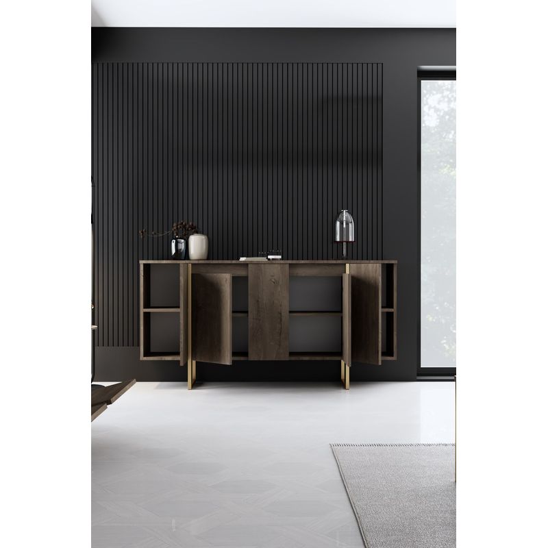 Casa si Gradina - Mobilier - Comode si corpuri - Console - Consola, Hanah Home, panou aglomerat melaminat, nuc si auriu, 160x35x80 cm - Infinity.ro