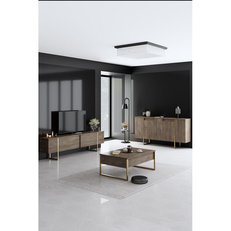 Casa si Gradina - Mobilier - Comode si corpuri - Console - Consola, Hanah Home, panou aglomerat melaminat, nuc si auriu, 160x35x80 cm - Infinity.ro