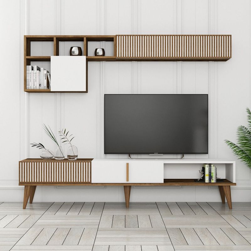 Casa si Gradina - Mobilier - Comode si corpuri - Comode - Comoda tv, Hanah Home, pal melaminat, nuc si alb, 180x40x35 cm, 845HCT3109 - Infinity.ro