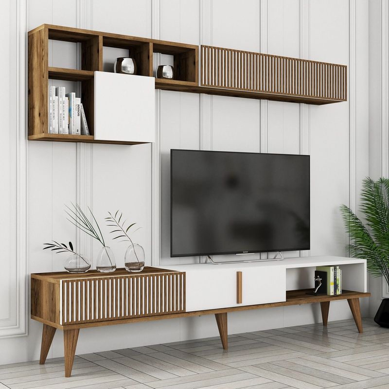 Casa si Gradina - Mobilier - Comode si corpuri - Comode - Comoda tv, Hanah Home, pal melaminat, nuc si alb, 180x40x35 cm, 845HCT3109 - Infinity.ro