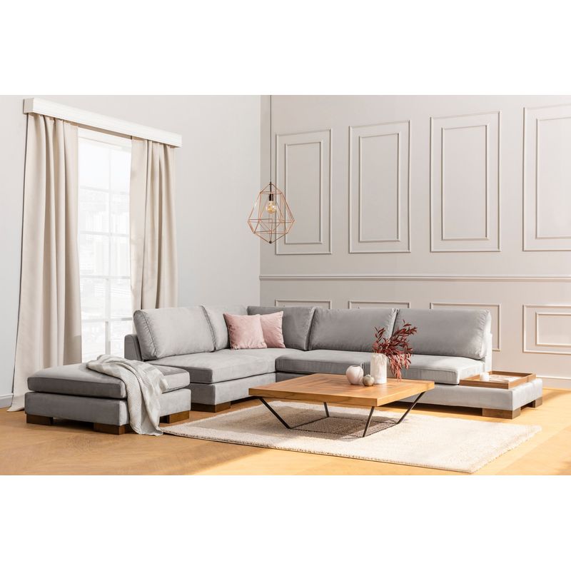 Casa si Gradina - Mobilier - Canapele si coltare - Coltare - Coltar cu puf, Hanah Home, lemn de fag si pal, gri deschis, 313x193x97 cm - Infinity.ro