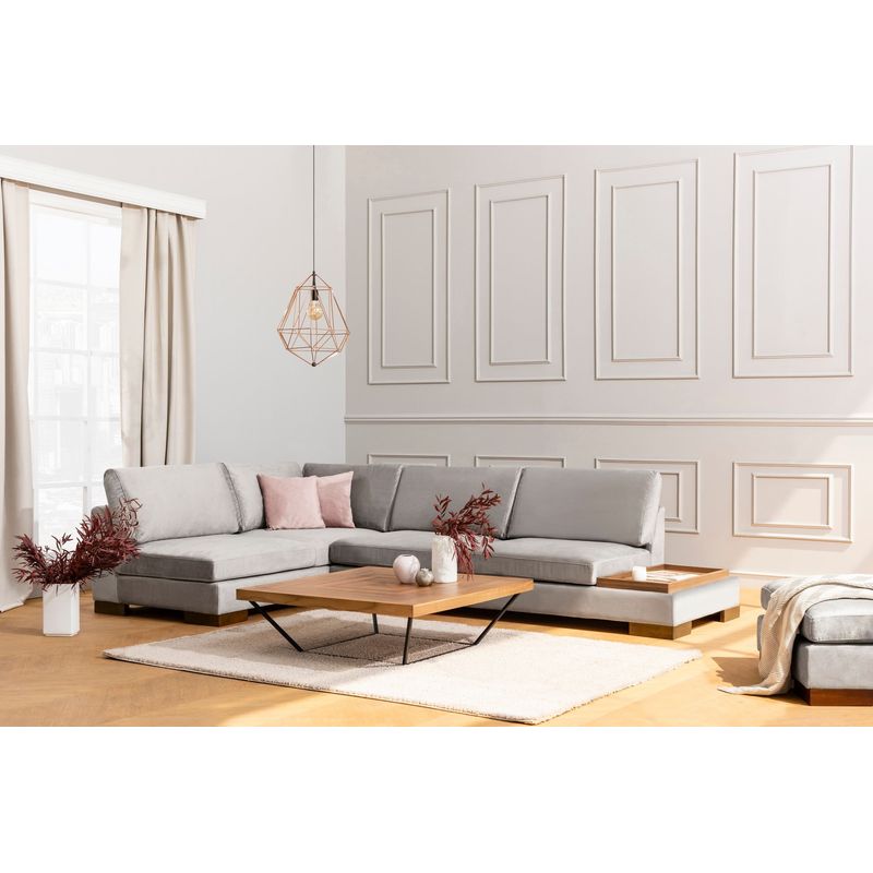 Casa si Gradina - Mobilier - Canapele si coltare - Coltare - Coltar cu puf, Hanah Home, lemn de fag si pal, gri deschis, 313x193x97 cm - Infinity.ro