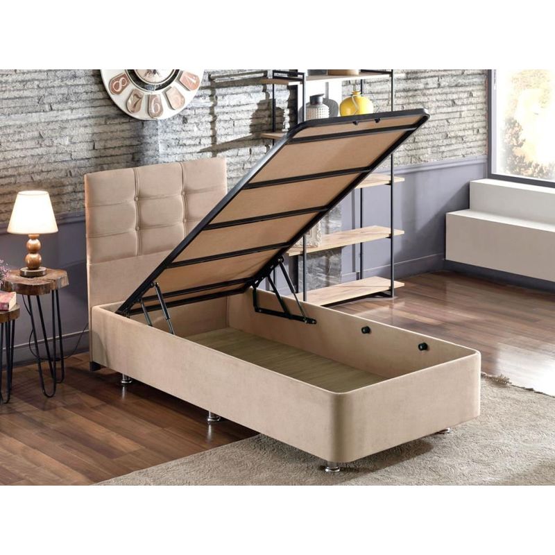 Casa si Gradina - Mobilier - Saltele si somiere - Somiere - Somiera cu tablie, Hanah Home, otel, stofa soho, maro deschis, 90x190 cm - Infinity.ro