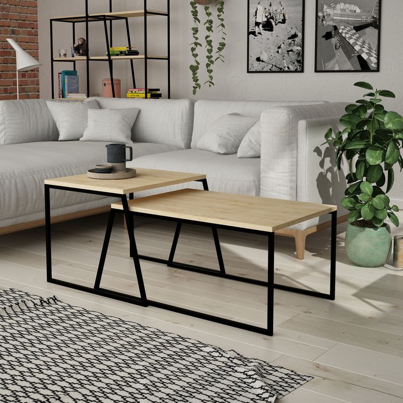 Casa si Gradina - Mobilier - Mese si birouri - Masute de cafea - Set masute de cafea, Hanah Home, pal melaminat, stejar si negru, 88x38x50 cm, 57x45x55 cm - Infinity.ro