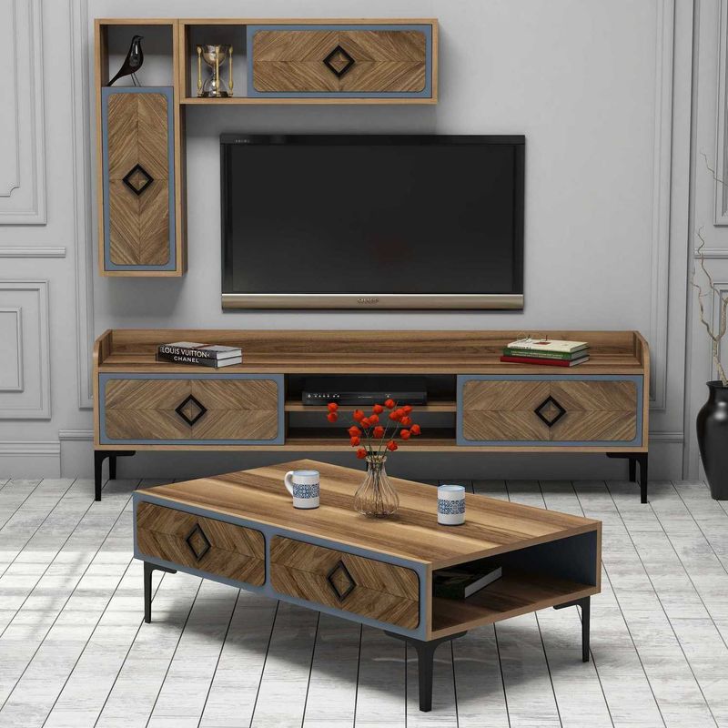 Casa si Gradina - Mobilier - Seturi de mobilier - Seturi living - Set mobilier living, Hanah Home, pal melaminat, nuc si albastru, 180x52x35 cm - Infinity.ro