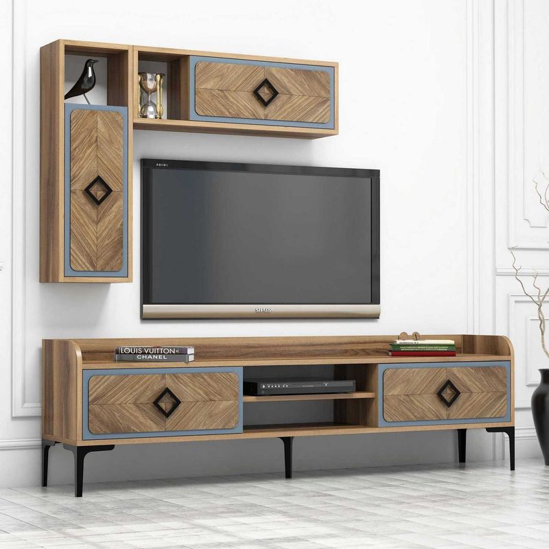 Casa si Gradina - Mobilier - Seturi de mobilier - Seturi living - Set mobilier living, Hanah Home, pal melaminat, nuc si albastru, 180x52x35 cm - Infinity.ro