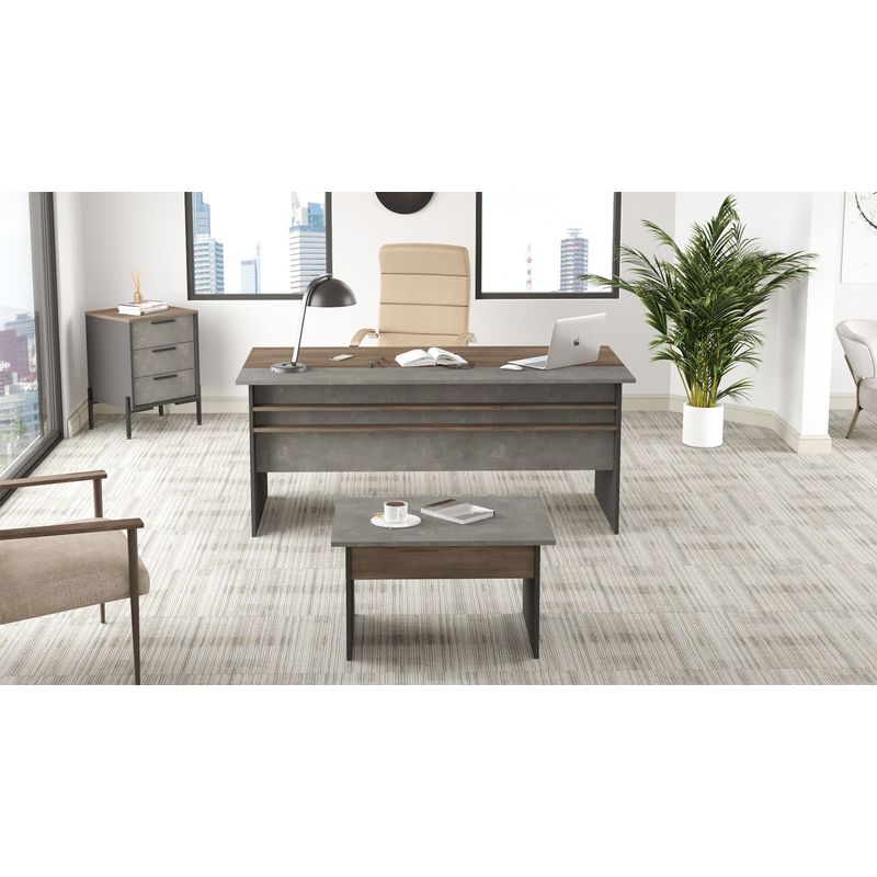 Casa si Gradina - Mobilier - Mese si birouri - Birouri - Set mobilier birou, Hanah Home, panou aglomerat melaminat, maro gri antracit, birou 180x75x89.5 cm, masa 80x46.3x60 cm, sertar 54x70x44.5 cm - Infinity.ro