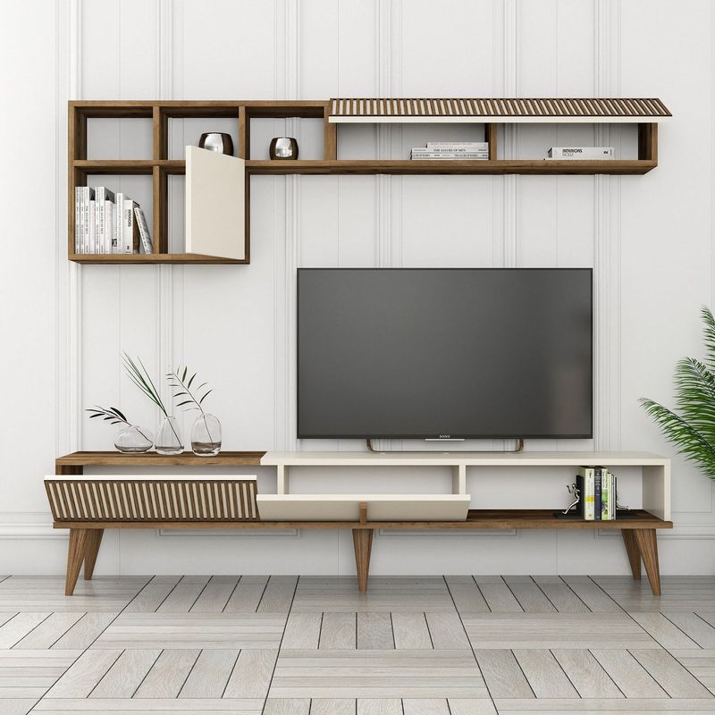 Casa si Gradina - Mobilier - Comode si corpuri - Comode - Comoda tv, Hanah Home, pal melaminat, nuc si crem, 180x40x35 cm - Infinity.ro