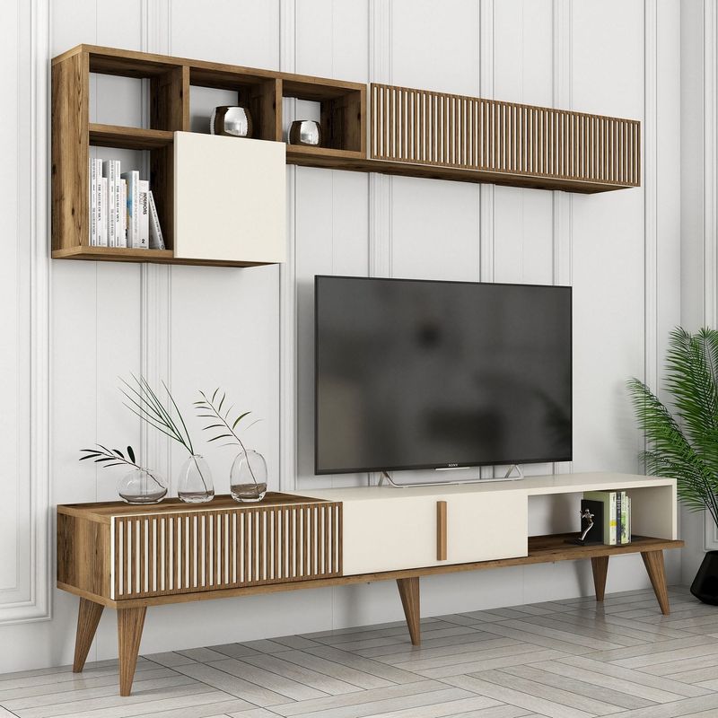 Casa si Gradina - Mobilier - Comode si corpuri - Comode - Comoda tv, Hanah Home, pal melaminat, nuc si crem, 180x40x35 cm - Infinity.ro