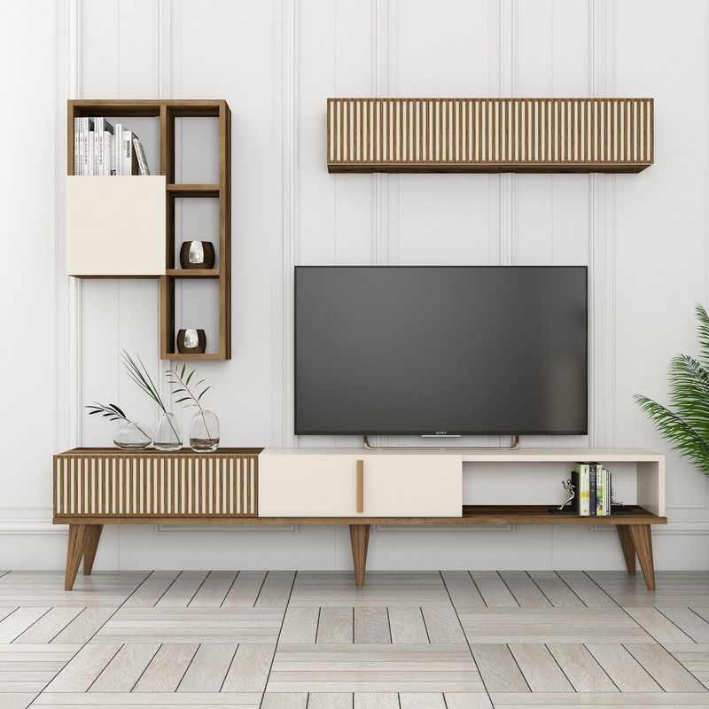 Casa si Gradina - Mobilier - Comode si corpuri - Comode - Comoda tv, Hanah Home, pal melaminat, nuc si crem, 180x40x35 cm - Infinity.ro