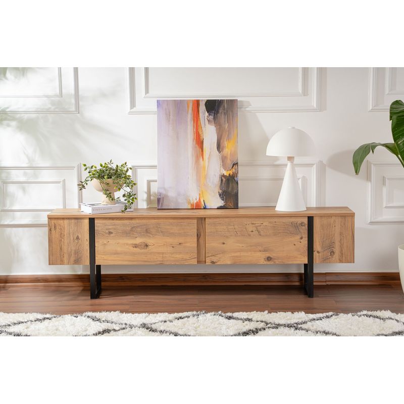 Casa si Gradina - Mobilier - Comode si corpuri - Comode - Comoda tv, Hanah Home, pal melaminat, pin atlantic si negru, 180x45x30 cm - Infinity.ro
