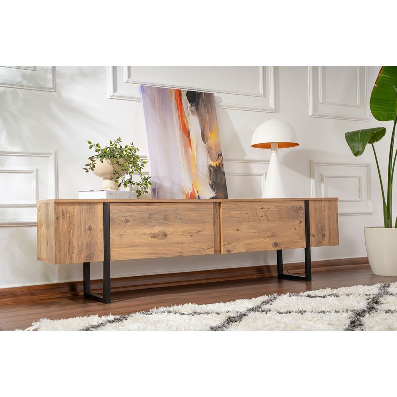 Casa si Gradina - Mobilier - Comode si corpuri - Comode - Comoda tv, Hanah Home, pal melaminat, pin atlantic si negru, 180x45x30 cm - Infinity.ro