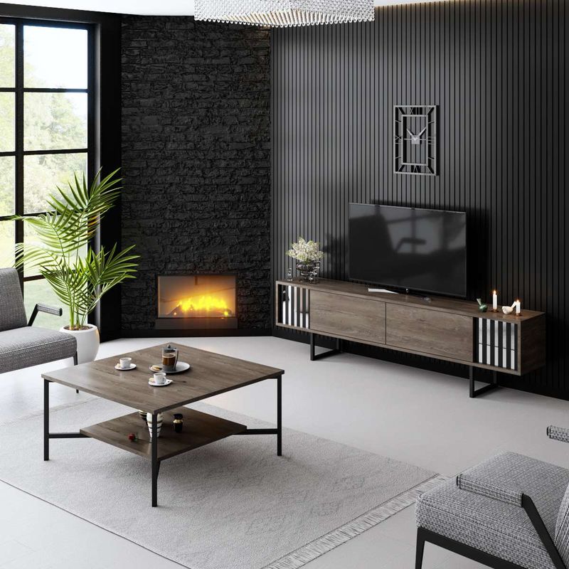 Casa si Gradina - Mobilier - Comode si corpuri - Comode - Comoda tv, Hanah Home, pal melaminat, nuc si negru, 180x30x48 cm, 618BLY1280 - Infinity.ro