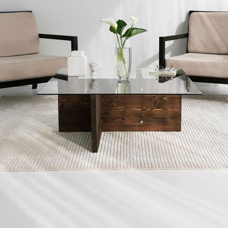 Casa si Gradina - Mobilier - Mese si birouri - Masute de cafea - Masuta de cafea, Hanah Home, sticla calita si lemn masiv de pin, nuc, 90x90x35 cm - Infinity.ro