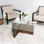 Casa si Gradina - Mobilier - Mese si birouri - Masute de cafea - Masuta de cafea, Hanah Home, sticla calita si lemn masiv de pin, nuc, 90x90x35 cm - Infinity.ro