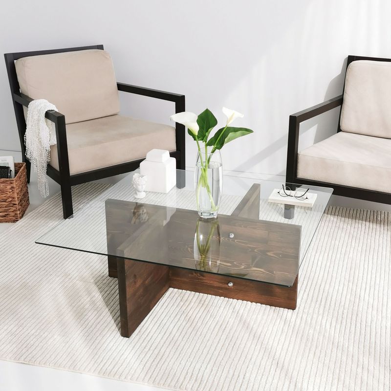 Casa si Gradina - Mobilier - Mese si birouri - Masute de cafea - Masuta de cafea, Hanah Home, sticla calita si lemn masiv de pin, nuc, 90x90x35 cm - Infinity.ro