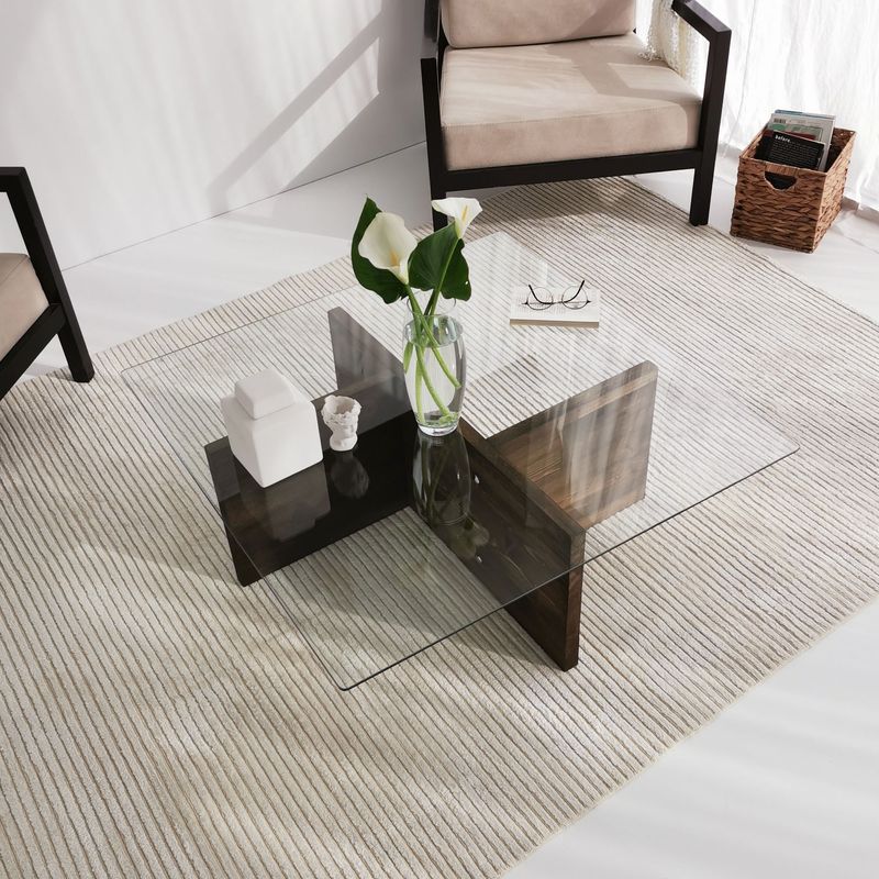 Casa si Gradina - Mobilier - Mese si birouri - Masute de cafea - Masuta de cafea, Hanah Home, sticla calita si lemn masiv de pin, nuc, 90x90x35 cm - Infinity.ro