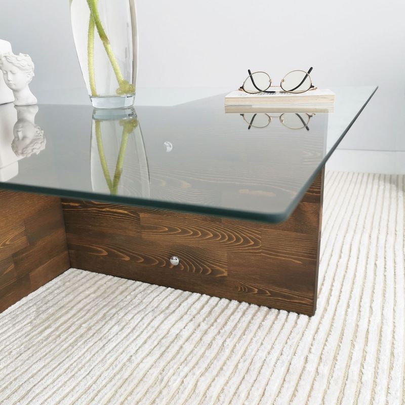 Casa si Gradina - Mobilier - Mese si birouri - Masute de cafea - Masuta de cafea, Hanah Home, sticla calita si lemn masiv de pin, nuc, 90x90x35 cm - Infinity.ro