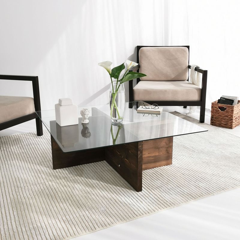 Casa si Gradina - Mobilier - Mese si birouri - Masute de cafea - Masuta de cafea, Hanah Home, sticla calita si lemn masiv de pin, nuc, 90x90x35 cm - Infinity.ro