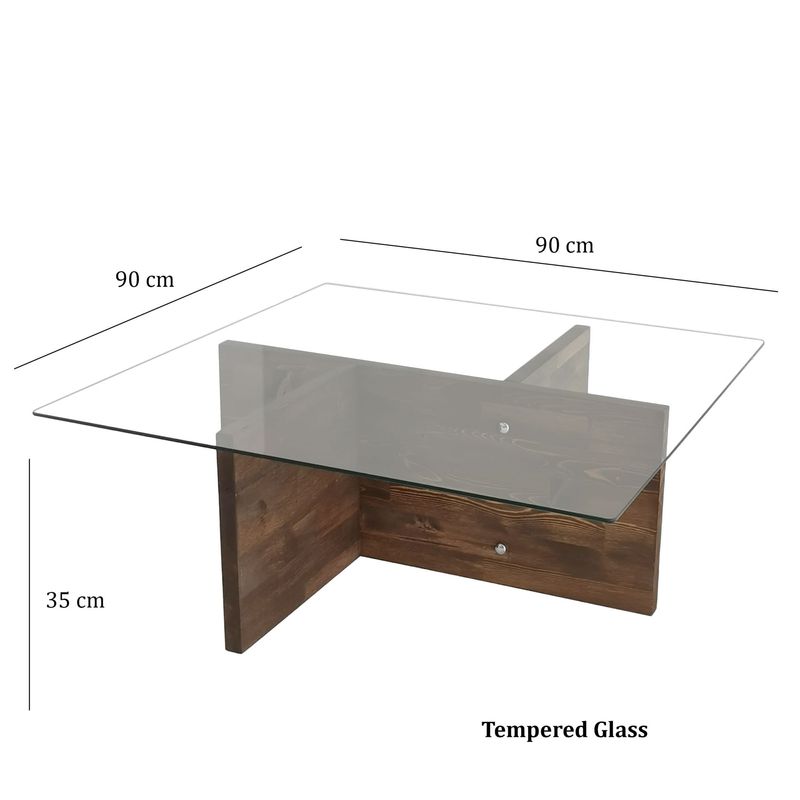 Casa si Gradina - Mobilier - Mese si birouri - Masute de cafea - Masuta de cafea, Hanah Home, sticla calita si lemn masiv de pin, nuc, 90x90x35 cm - Infinity.ro