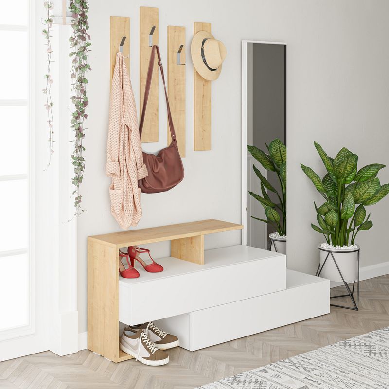 Casa si Gradina - Mobilier - Organizare si depozitare - Cuiere - Cuier hol, Hanah Home, pal melaminat, alb stejar, 137x35x54.5 cm - Infinity.ro