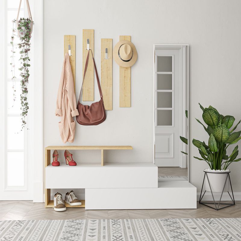 Casa si Gradina - Mobilier - Organizare si depozitare - Cuiere - Cuier hol, Hanah Home, pal melaminat, alb stejar, 137x35x54.5 cm - Infinity.ro