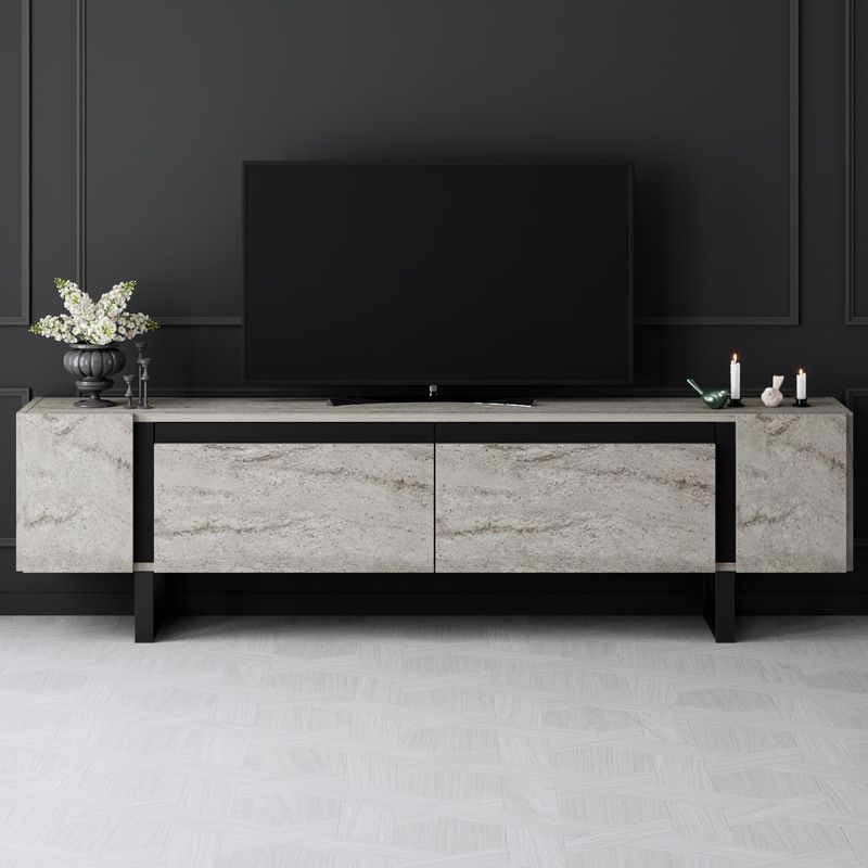Casa si Gradina - Mobilier - Comode si corpuri - Comode - Comoda tv, Hanah Home, pal melaminat, travertin si negru, 180x50x30 cm, 618BLY1277 - Infinity.ro