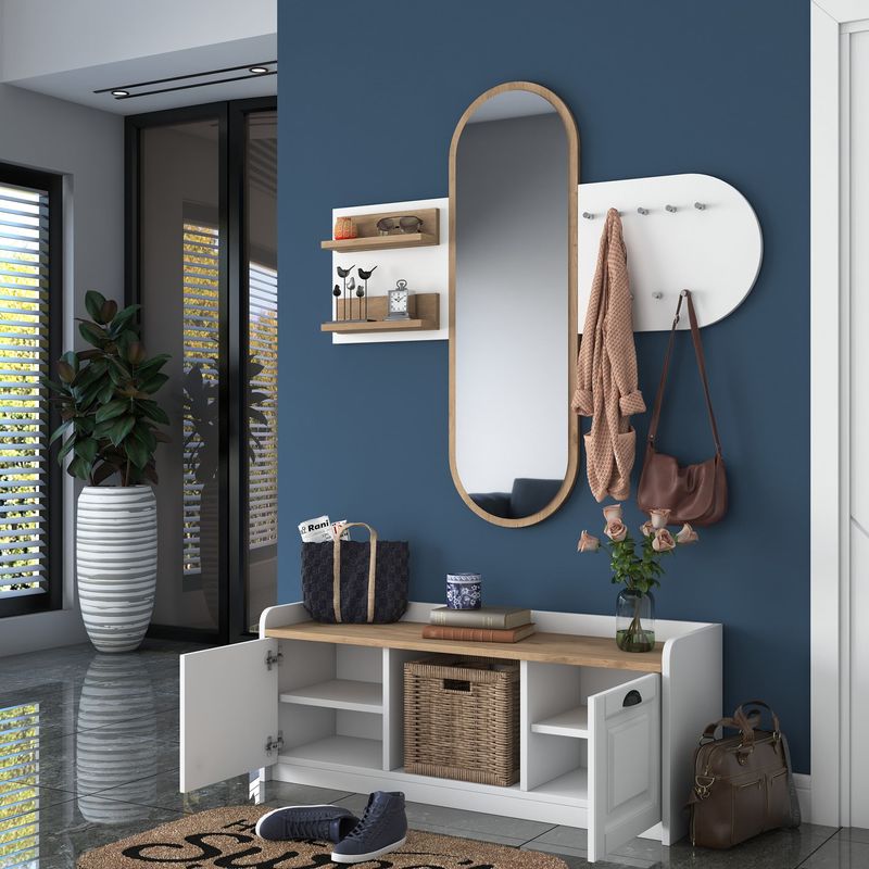 Casa si Gradina - Mobilier - Organizare si depozitare - Cuiere - Cuier, Hanah Home, pal melaminat, alb si nuc, 120x45x40 cm, 893RAN2602 - Infinity.ro