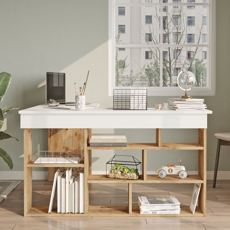 Casa si Gradina - Mobilier - Mese si birouri - Birouri - Birou de studiu, Hanah Home, pal melaminat, pin atlantic si alb, 129x120x72 cm - Infinity.ro