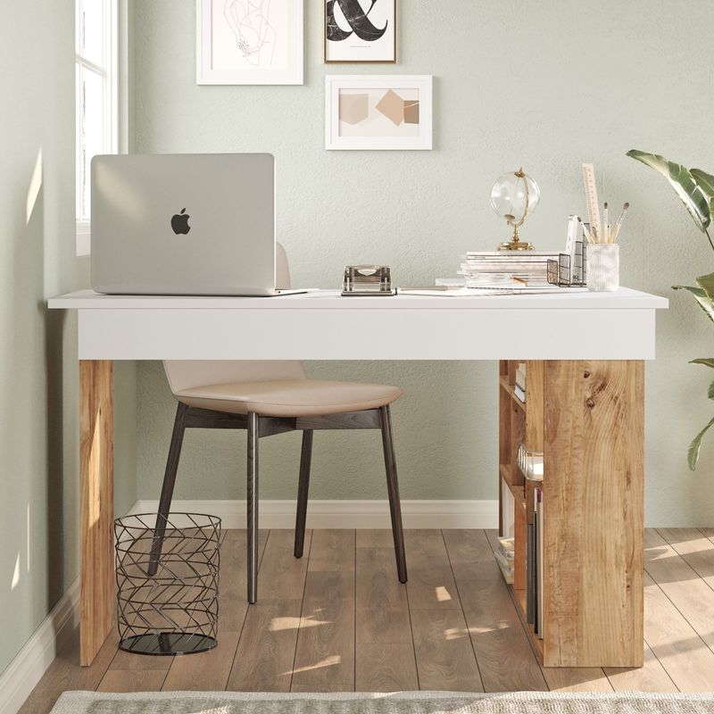 Casa si Gradina - Mobilier - Mese si birouri - Birouri - Birou de studiu, Hanah Home, pal melaminat, pin atlantic si alb, 129x120x72 cm - Infinity.ro