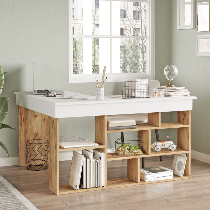 Casa si Gradina - Mobilier - Mese si birouri - Birouri - Birou de studiu, Hanah Home, pal melaminat, pin atlantic si alb, 129x120x72 cm - Infinity.ro