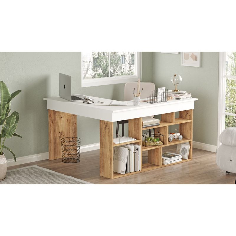 Casa si Gradina - Mobilier - Mese si birouri - Birouri - Birou de studiu, Hanah Home, pal melaminat, pin atlantic si alb, 129x120x72 cm - Infinity.ro