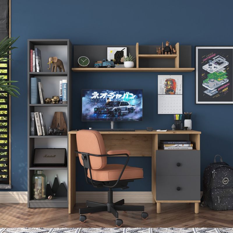 Casa si Gradina - Mobilier - Mese si birouri - Birouri - Birou de studiu, Hanah Home, pal melaminat, nuc si antracit, 120x50x161.8 cm - Infinity.ro