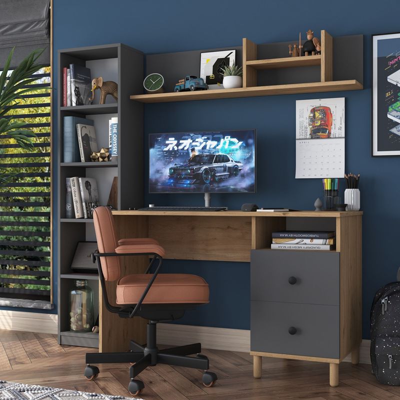 Casa si Gradina - Mobilier - Mese si birouri - Birouri - Birou de studiu, Hanah Home, pal melaminat, nuc si antracit, 120x50x161.8 cm - Infinity.ro
