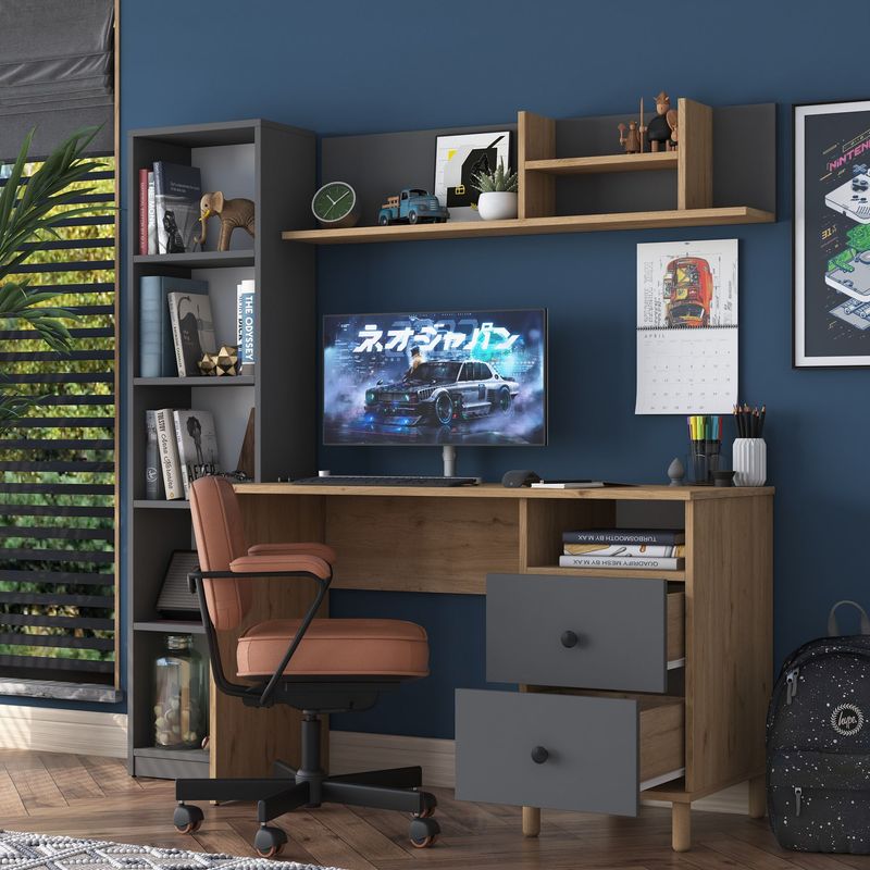 Casa si Gradina - Mobilier - Mese si birouri - Birouri - Birou de studiu, Hanah Home, pal melaminat, nuc si antracit, 120x50x161.8 cm - Infinity.ro