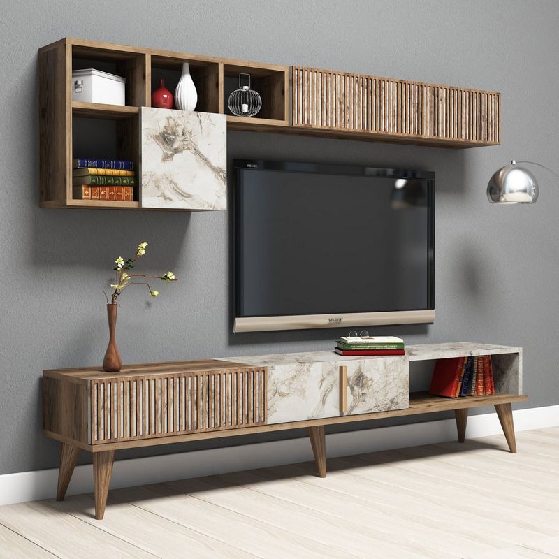 Casa si Gradina - Mobilier - Seturi de mobilier - Seturi living - Set mobilier living, Hanah Home, PAL melaminat, nuc si alb, 180x40x35 cm - Infinity.ro